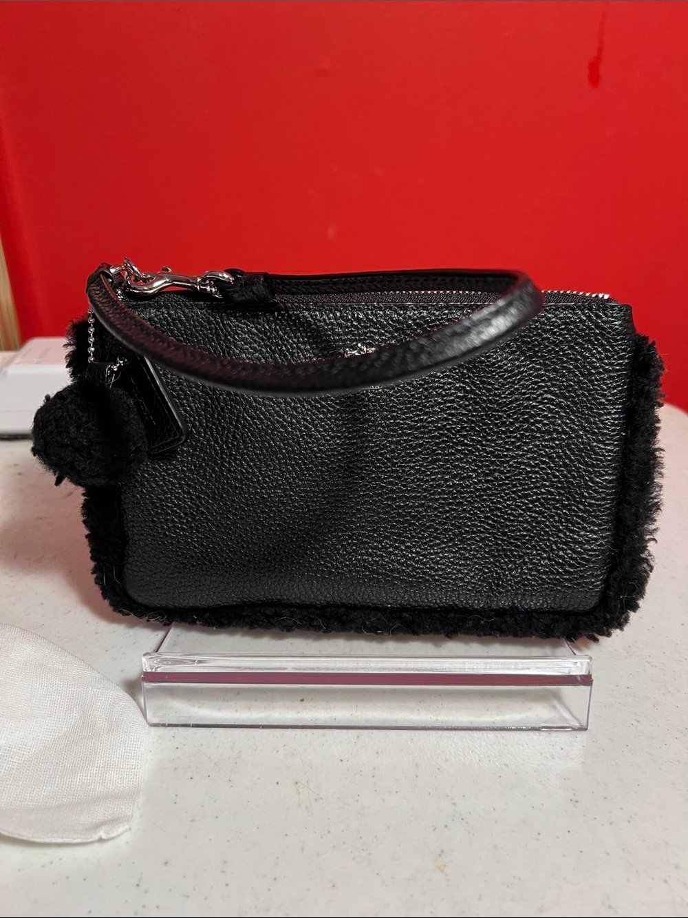Coach Black Pebbled Leather Shearling-Trim Wristlet - Picture 14 of 14